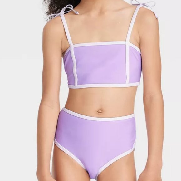 Cat & Jack Kids Girls' Tie Strap Sleeve Two-Piece Swimsuit Purple XS (4/5) NWT - Picture 1 of 7